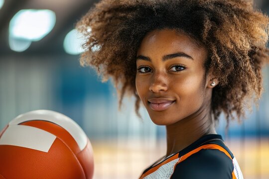 Confident female volleyball player with ball in gym.
