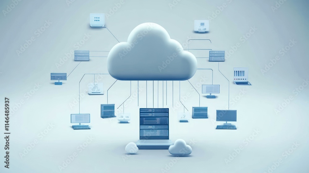Fototapete Cloud computing concept with servers and connected devices illustrated in a minimalist style.