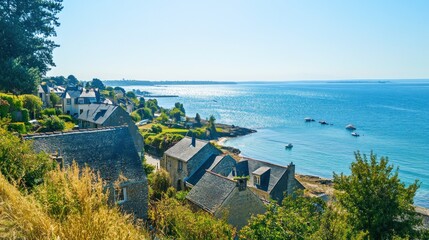 Obraz premium Coastal view with houses and boats by the serene blue sea under a clear sky.