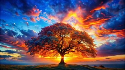 Obraz premium Colorful Tree, Blue Orange Sunset, Life Creativity, Nature Photography, Artistic Image