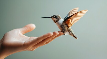 Fototapeta premium Hummingbird perched on a hand, nature, wildlife.