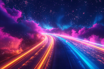 Colorful neon lights illuminate a winding road under a starry sky at night. Generative AI