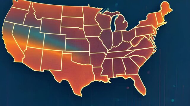 Colorful particles and dynamic lines creating a detailed map of the united states, illustrating big data connections and analysis in a cutting edge, technological manner