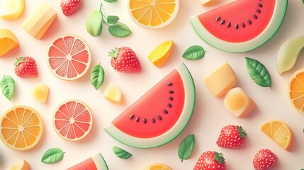 Summer Fruits Delight: A Vibrant 3D Render of Watermelon, Strawberries, Citrus, and Candy
