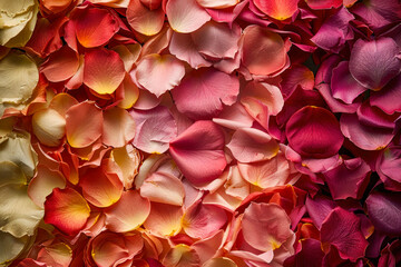Beautiful display of colorful rose petals arranged in a vibrant pattern for decoration and events. Generative AI