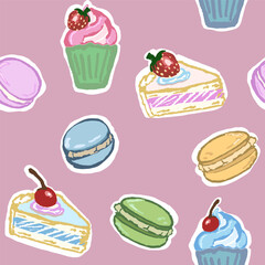 Sweet pattern with sweets, macaroons, and cupcakes. Hand draw, vector pattern with texture and interesting colors. 