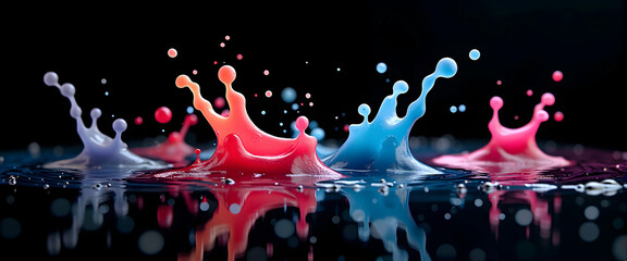 Vibrant liquid collision: Red, blue, and purple paint explode in a mesmerizing dance of color and motion. A captivating splash!