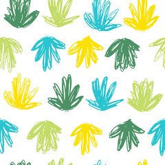 Summer pattern, hand draw plants with texture and funny colors. Vector pattern isolated.