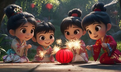 Four children holding sparklers around a lantern.