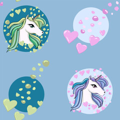 Pattern with unicorns and harts in a circles, fun and interesting. Vector Grafik