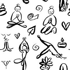 Yoga pattern with symbols, relax and poses. Vector isolated graphic, brush, strokes, ink like doodle.