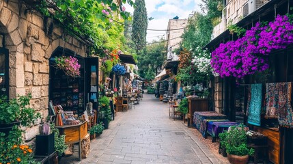 Fototapeta premium Charming Flower-Lined Street in Old City Market