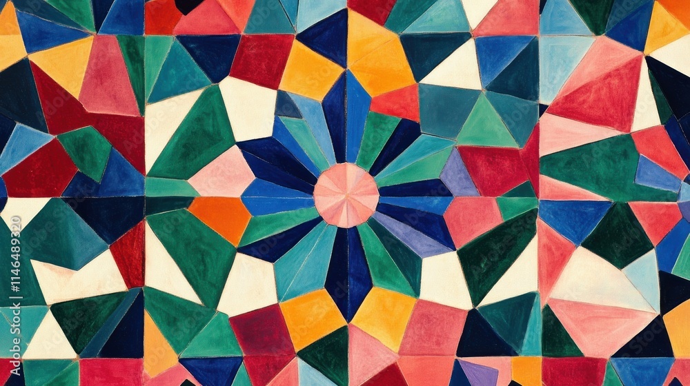 Poster colorful geometric pattern featuring various shapes and vibrant colors.