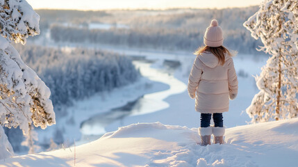 Preteen Girl in Winter Landscape at Oulanka National Park