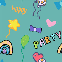 Party pattern with a rainbow and Ballons, vector isolated, hand draw with texture and handwritten words «party” and «happy“ 