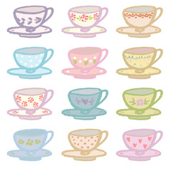 Tea cups on a white background with different ornaments. Vector, isolated. Hand draw, brush strokes and texture