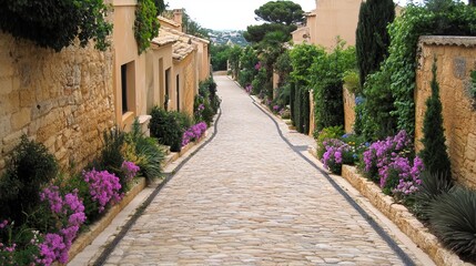 Obraz premium Charming Stone Street with Blooming Flowers and Houses