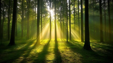 Obraz premium Sunlight dapples through the branches of a dense forest, casting delicate shadows that dance across the ground, creating a peaceful, dreamlike scene 