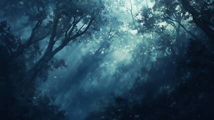 Obraz premium Soft, ethereal rays of sunlight peek through the branches of a dense forest, casting cool, dark shadows and highlighting the delicate beauty of nature’s textures 