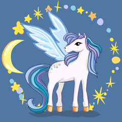 Beautiful  Pegasus with moon and stars. Vector graphic isolated, freehand draw.