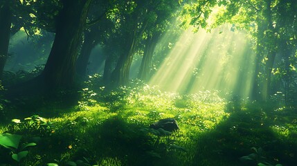 Obraz premium A patch of sunlight breaks through the dense forest canopy, casting long shadows on the lush, green undergrowth, evoking a sense of tranquility and magic 