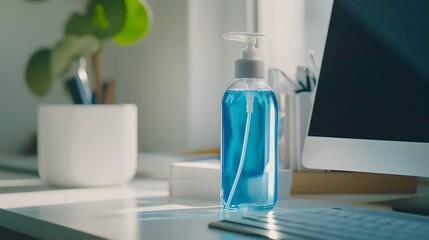 Promoting hygiene with blue hand soap dispenser home office product photography bright environment close-up cleanliness concept