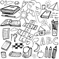 School doodles with a lot of different things, drawings, books, numbers. Vector, hand drawn with texture. Isolated.