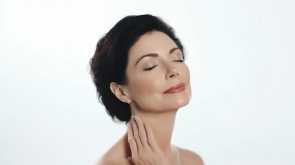 A beautiful senior older woman who closed her eyes and touched her beautiful skin