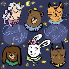 Nice and cute animals with closed eyes. Hand draw and hand written “good night” in German. Vector, isolated. Artistic with texture.