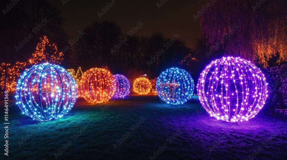 Aufkleber colorful illuminated spheres in a garden at night create a festive atmosphere.