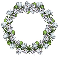 Easter Wreath with Crocuses and Green Eggs - Fresh Spring Design for Holiday Cards, Posters, and Decor