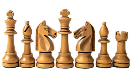 Set of unique chess pieces arranged in rows, isolated on white, cut out
