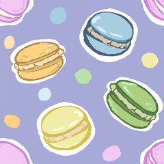 Pattern with macarons. Vector, hand draw with texture. Doodle. Nice pastel colors and dots