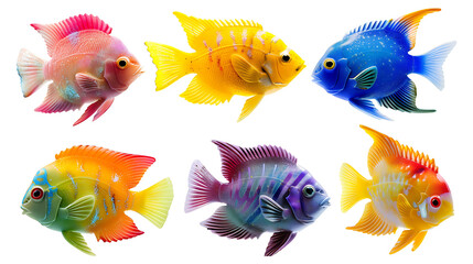 Set of tropical fish figurines in bright colors, isolated on white, cut out