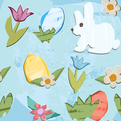 Obraz premium Easter pattern with a bunny, eggs and flowers. Cut out style. Vector isolated Grafik with texture.