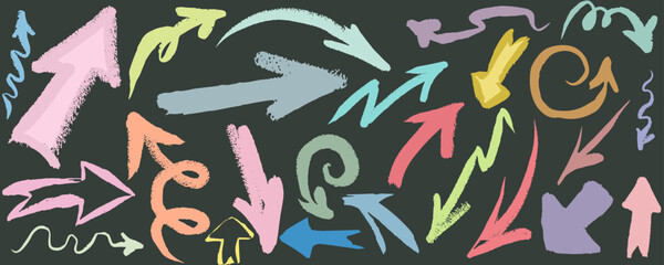 Set of pastel arrows with texture. Artistic, hand drawn, doodle. Vector, isolated.
