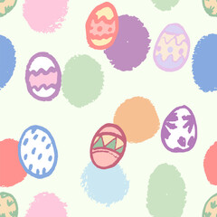 Pattern with Easter eggs. Colorful and Funny with different patterns on eggs. Vector, isolated, hand draw with texture. Doodle like.