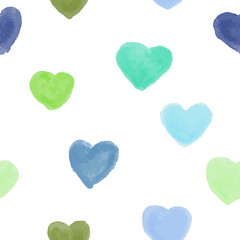 Fototapeta premium Pattern, watercolor harts in green and blue. Hand draw, vector, isolated.