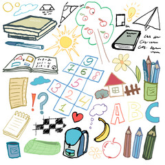 Set of elements for school. Books, backpack, notebook and some drawings. Doodle, vector, isolated. With texture and nice colors.