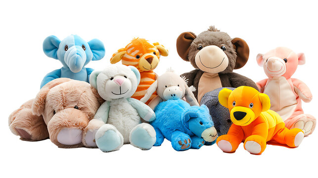 Set of soft plush toys in various animal designs, isolated on white, cut out