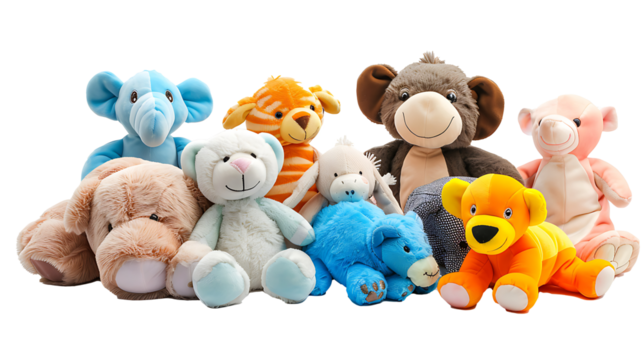 Set of soft plush toys in various animal designs, isolated on white, cut out