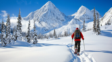 Hiker Snowshoeing in Pristine Winter Mountain Landscape