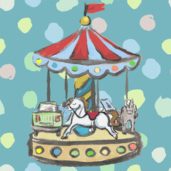 Carousel hand draw. Vector, isolated. Watercolor texture. Childish, fun and interesting. Pastel colors.