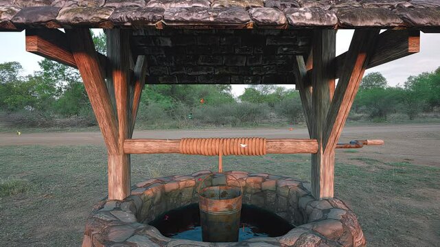 A rustic stone water well with a wooden, tile-roofed structure stands in a tranquil outdoor setting with sparse greenery and colorful butterflies fluttering around.