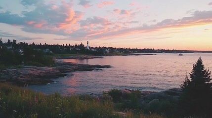 Fototapeta premium Coastal Town Sunset with Lighthouse and Rocky Shore