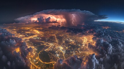 Intense thunderstorms with vivid lightning strikes over rural and urban landscapes, showcasing the dramatic impact of extreme weather phenomena and the growing influence of climate change