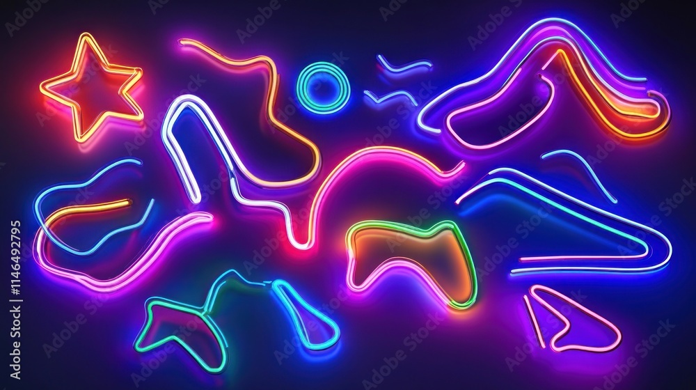 Poster colorful neon abstract shapes creating a vibrant design.