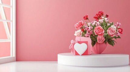 Beautiful pink roses arrangement in ceramic vase with heart-shaped gift box on white round podium against pink wall near window, romantic Valentine's day setting.