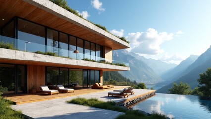 Fototapeta premium Luxurious casa moderna with clean geometric lines, lush greenery, a sleek infinity pool, and warm evening tones enhancing the architecture