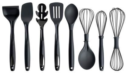 Set of assorted kitchen utensils, including spatulas, whisks, and spoons, isolated on white, cut out